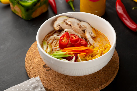 Noodles With Corn And Mushrooms Close-up, Budda Bowl