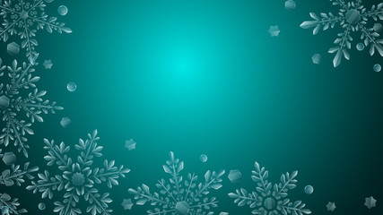 Fototapeta na wymiar Christmas composition of large complex transparent snowflakes in light blue colors on dark gradient background. Transparency only in vector format