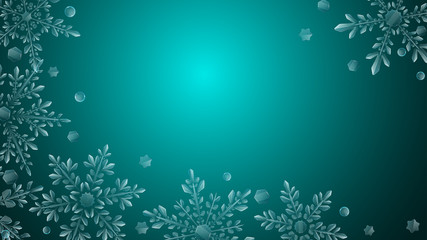 Christmas composition of large complex transparent snowflakes in light blue colors on dark gradient background. Transparency only in vector format