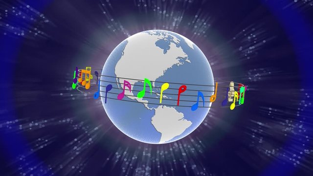 Animazione illustrazione 3D. Pentagramma musicale ruota attorno al mondo. Sullo sfondo l'universo costellato di note musicali..