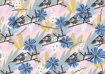 seamless pattern with bird on branch and flowers