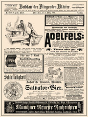 Fototapeta na wymiar Commercial magazine advertising page in German with many promotion banners,vignettes and caricatures; dated 1891