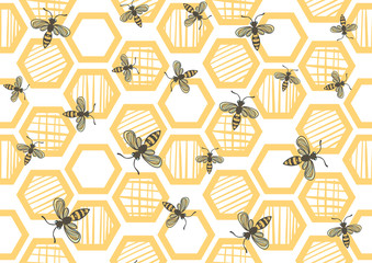 seamless pattern with bees and honeycombs