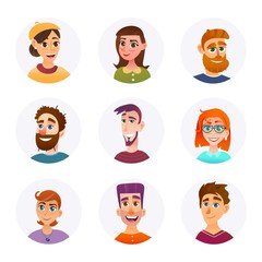 Set Collection Portraits Smiling People Cartoon.