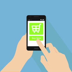 Online shopping with hand holing smart phone with buy button on the screen.