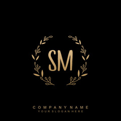 letter SM surrounded by beautiful and elegant flowers and leaves. Wedding monogram logo template.
