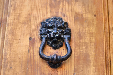 Lion head knocker on a wooden door