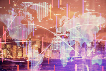 Double exposure of business theme hologram drawing and city veiw background. Concept of success.