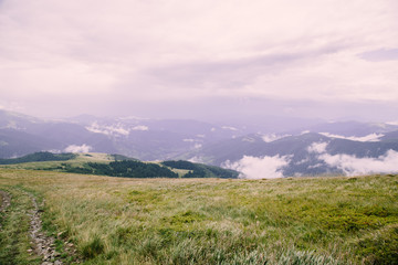 Fototapeta na wymiar Foggy landscape near Blyznytsya mountain in the Carpathian mountains