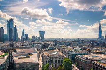 City of London view at sunny summer day. View includes skyscrapers of the financial area. London, UK