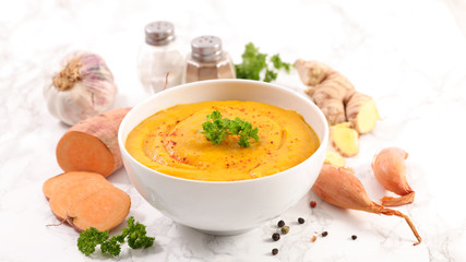 bowl of soup with sweet potato and spices