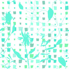  Wild flowers, herbs and leaves vector seamless pattern. Hand drawn florals on abstract background with geometric shapes.