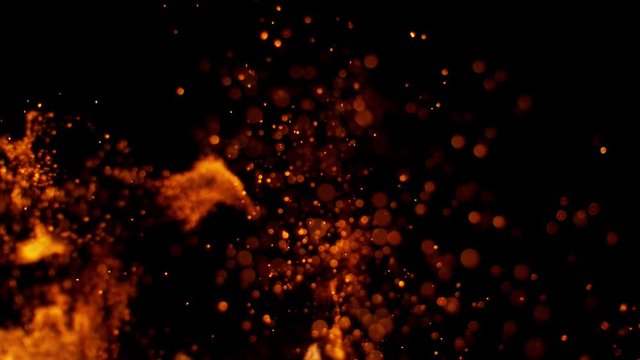 Fire Flames and Sparks in Super Slow Motion Isolated on Black Background. Shooted with High Speed Cinema Camera in 4K Resolution.