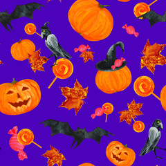Obraz na płótnie Canvas Seamless halloween pattern on a blue background, watercolor symbols: jack-lantern, pumpkins, bat, crow, sweets, caramel, witch hat, golden autumn maple leaf.