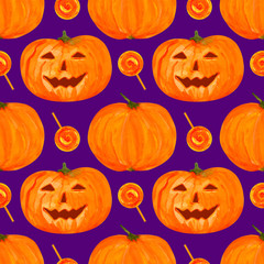 Symmetric seamless halloween pattern, watercolor pumpkins and candies on purple background.