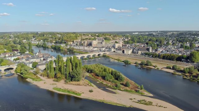Aerial view over the Chateau d'Amboise, french medieval castle. August 2019.