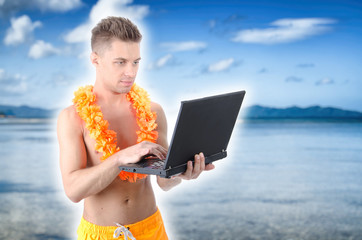 Vacation and young attractive with a laptop.