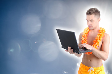 Vacation and young attractive with a laptop.