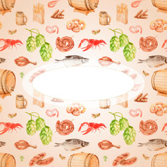 watercolor drawings with beer and appetizer, frames for the beer festival