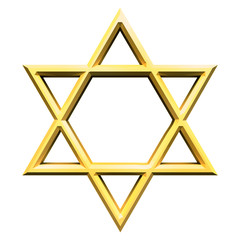 Israel star. Seal of Solomon icon. Jewish Star of David six sointed star. Isolated gold hexagram on white background. 3d illustration