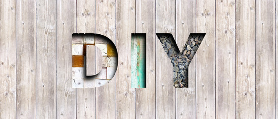 DIY wood font style on a wooden workbench. Do it yourself concept. 3d illustration.