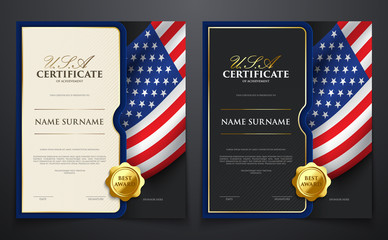Set of patriotic achievement certificate with USA flag, luxury elegant gold style cover