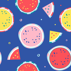 hand drawn vector seamless pattern with sketch modern handdrawn style watermelon in bright neon colors. Endless background with fruit ingredient. Good for wallpaper, textile fabric or wrapping paper.