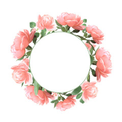 Beautiful pink roses round wreath clipart. Vintage floral frame for wedding 