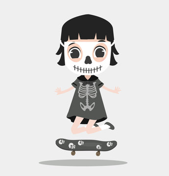 Kid halloween character wearing skeleton with skateboard