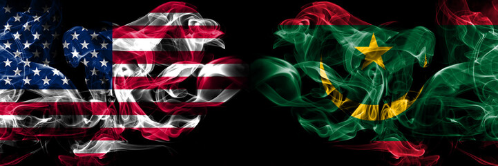 Fototapeta premium United States of America, USA vs Mauritania, Mauritanian background abstract concept peace smokes flags.