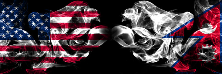 United States of America, USA vs Nepal, Nepalese background abstract concept peace smokes flags.