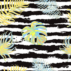 Vector seamless colorful pattern with illustration of tropical leaves on black and white striped background. Can be used for wallpaper, pattern fills, web page, surface textures, textile print