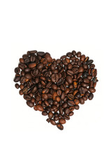 Heart shape made with some fresh roasted coffee beans isolated on white background