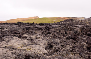 Exotic landscape in the geothermal valley Leirhnjukur. Myvatn region, North part of Iceland, Europe.