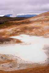 Exotic landscape in the geothermal valley Leirhnjukur. Myvatn region, North part of Iceland, Europe.
