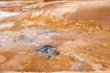 Exotic landscape in the geothermal valley Leirhnjukur. Myvatn region, North part of Iceland, Europe.