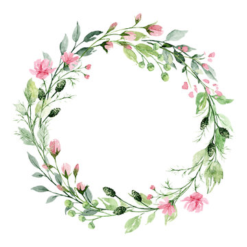 Wreath, floral frame, watercolor flowers, Illustration hand painted. Isolated on white background. Perfectly for greeting card design. 