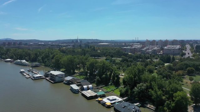 Riverbank of Danube with splavs(riverboats) at Usce park, New Belgrade, Serbia