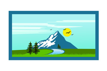 Mountain landscape with trees, sky, sun, pine, spruces, ocean design vector