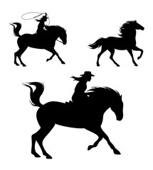 cowgirl riding horse and chasing mustang with lasso - wild west  rider black vector silhouette set