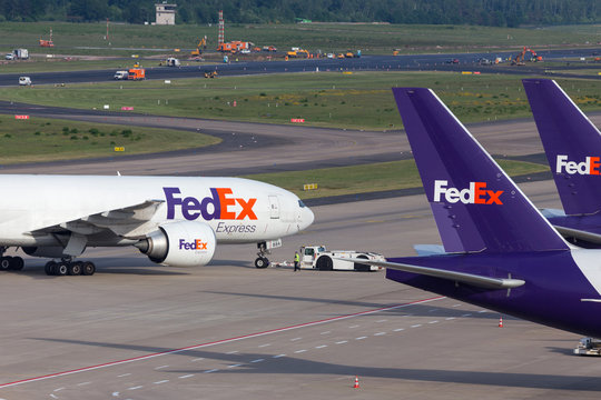 cologne, nrw/germany - 12 05 18: fed ex cargo airplanes on ground at cologne bonn airport germany