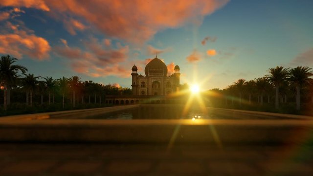 Tomb of Safdarjung, Delhi, India, against sunrise, camera flight