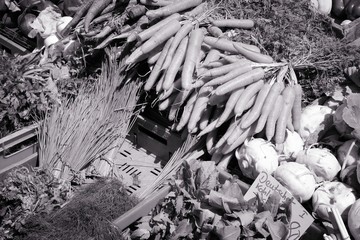 Produce market in Germany. Black and white photo.