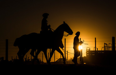 Fototapeta na wymiar Gauchos / Cowboys im Abendlicht