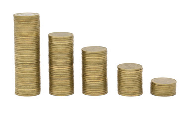 Gold coins stacks isolated on white background. Saving, Coin stack growing business.  Investment money concept.