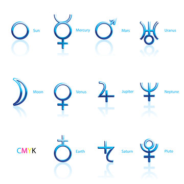 Collection of Astrological Planets Symbols on a White Backdrop. Signs Collection: Sun Earth Moon Saturn Uranus Neptune Jupiter Venus Mars Pluto Mercury