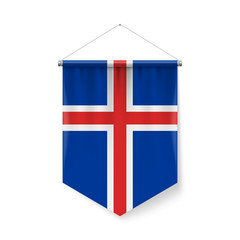 Vertical Pennant Flag of Iceland as Icon on White with Shadow Effects. Patriotic Sign in Official Color and Flower, Icelandic Flag with Metallic Poles Hanging on the Rope