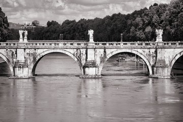 Sant Angelo Bridge, Rome. Black and white vintage style.
