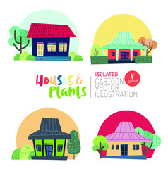 Naklejka premium Cute and colourful houses and plants isolated cartoon vector illustration.