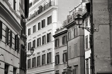 Rome city street view. Black and white vintage style.